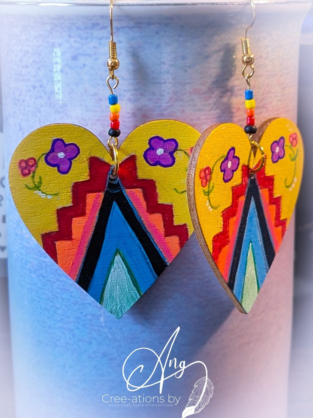 Hand-Painted Heart Powwow Design Earrings